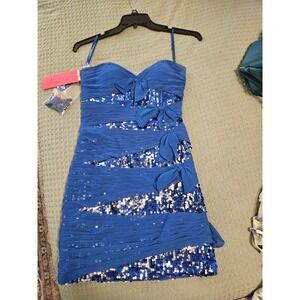 Mori Lee Madeline Gardner Royal Blue Sequin Ruched Bow Cocktail Dress NEW